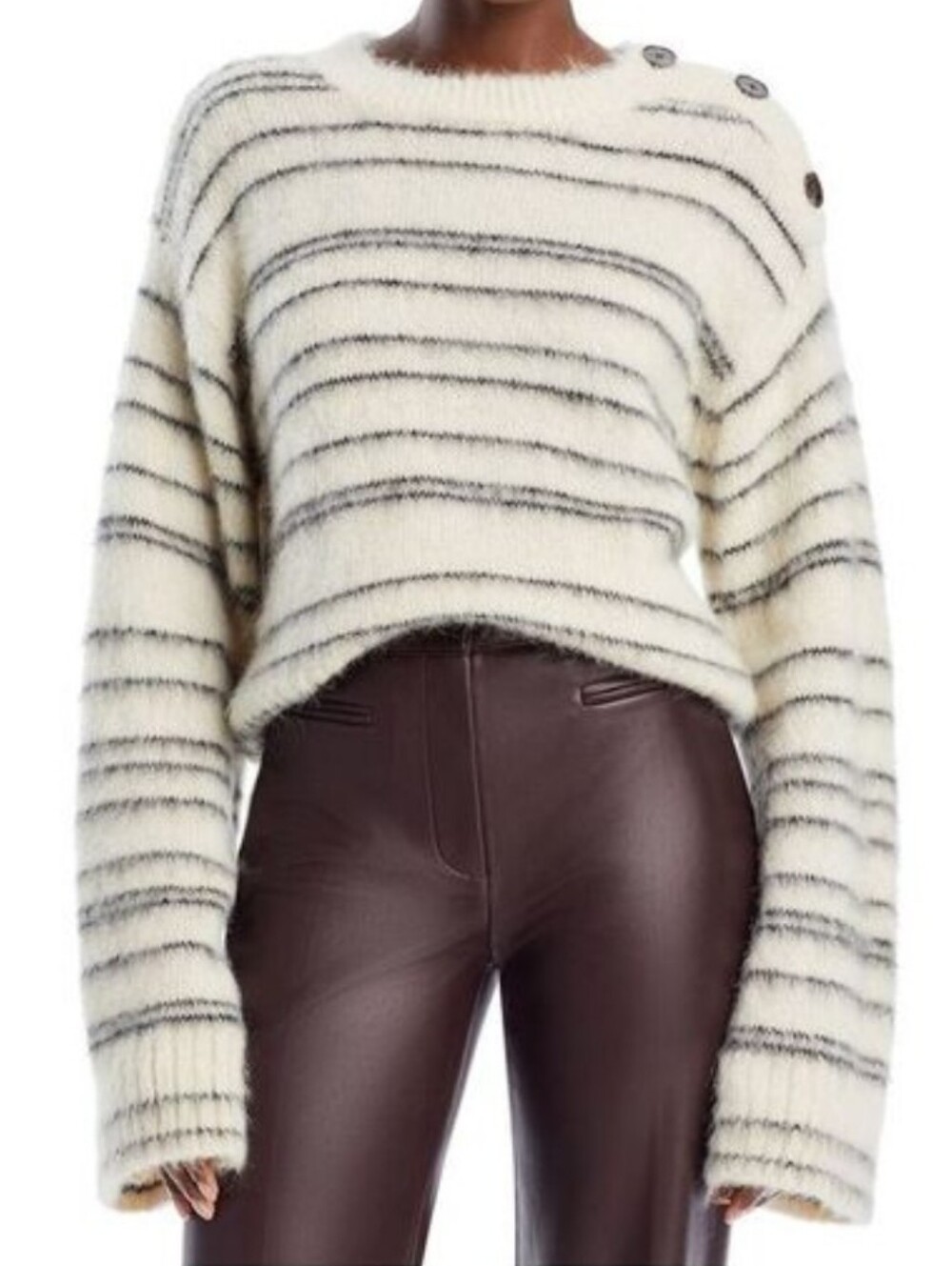 Rebecca Taylor Brushed Knit Mohair Alpaca Striped Cream Black Sweater, Buttons S